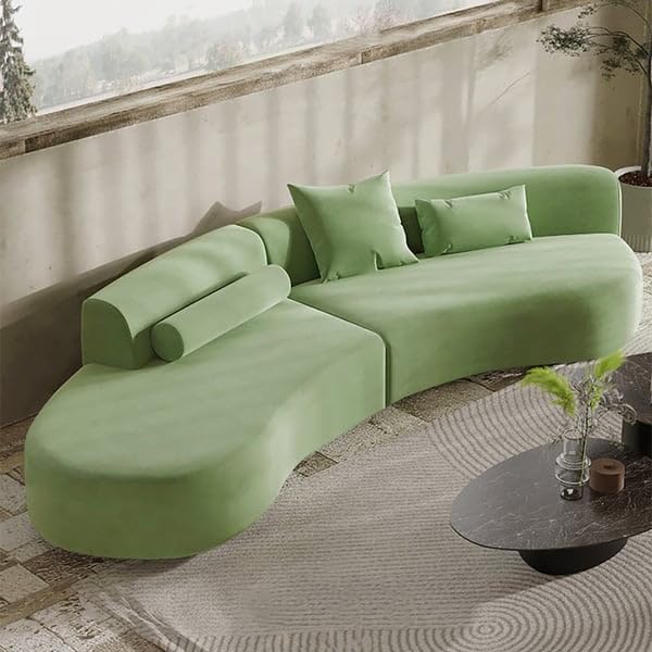 Image of Modern Style Curved Sectional Living Room, Minimalist Comfy Velvet Fabric Modular Sofa for Apartment, Home Office, Green