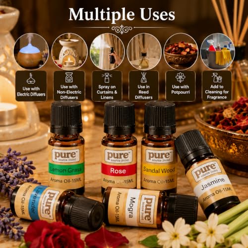 Image of Pure Source India Essential Oil (Lavender, Lemongrass, Rose, Jasmine, Sandalwood and Mogra), 15ml Each, Set of 6