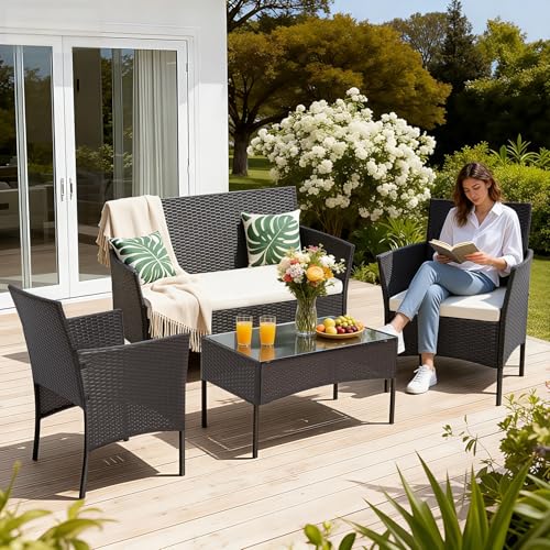Image of FDW 4-Piece Patio Furniture Set | Brown | Outdoor Wicker Furniture