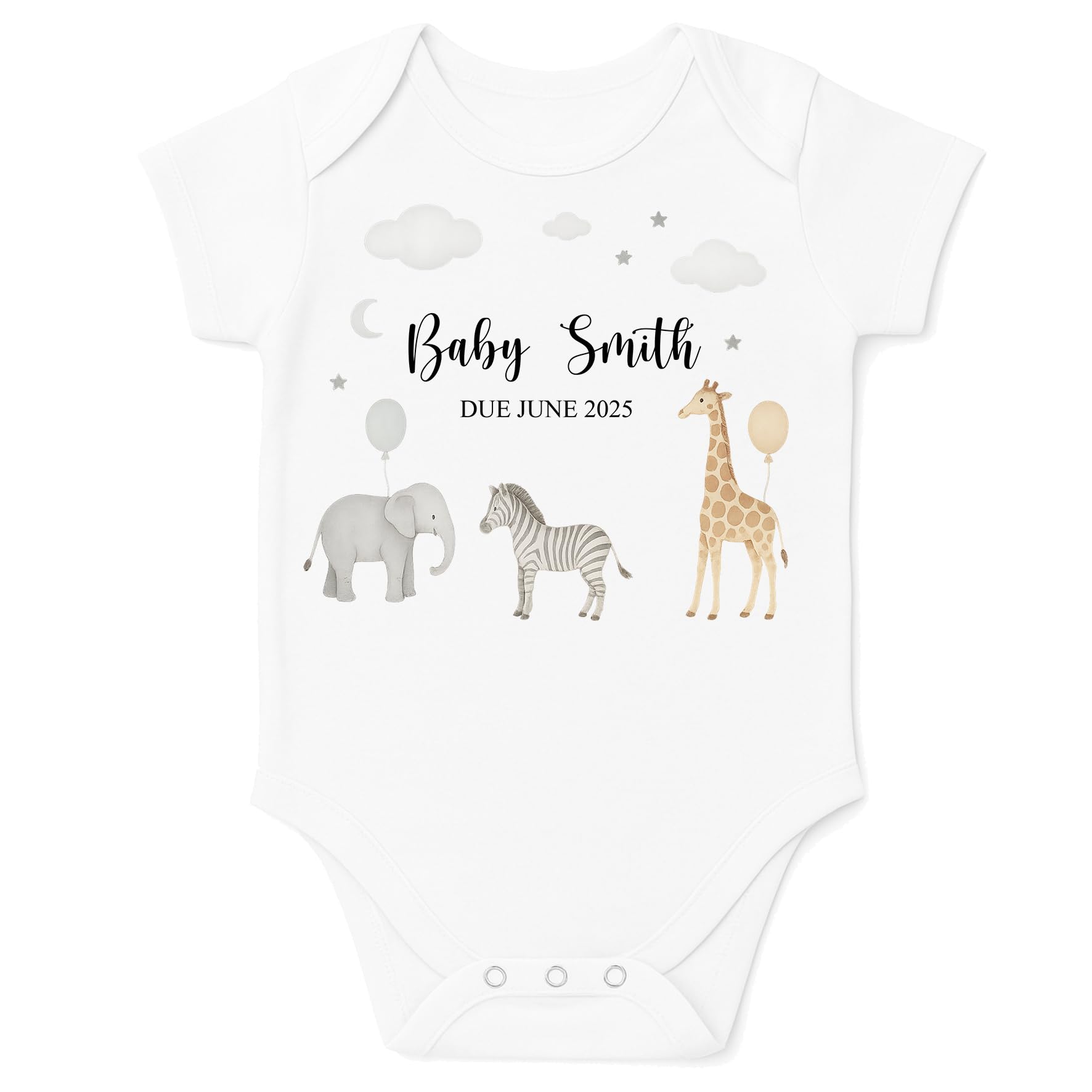 Personalised Baby Pregnancy Announcement Bodysuit Vest (Baby Safari Balloons, 0 Months)