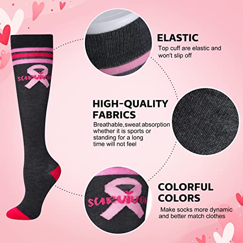 Vicenpal 5 Pairs Breast Cancer Awareness Compression Socks Over the Calf Pink Tall Knee High Socks for Women2