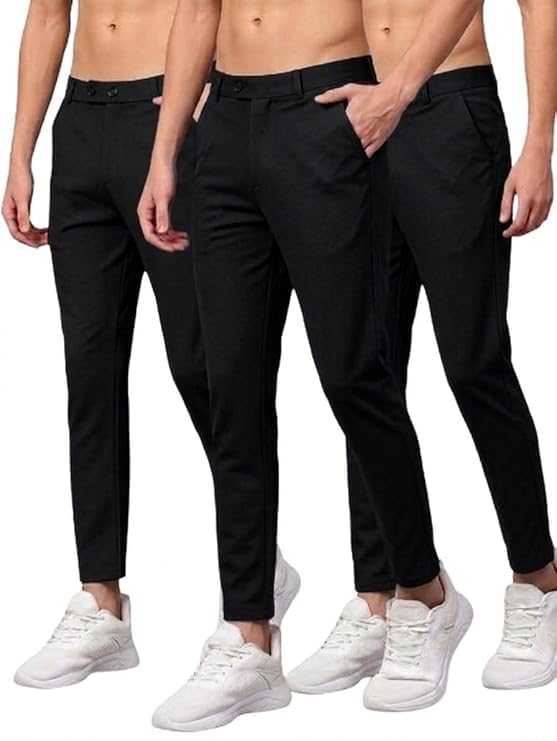 Image of Men Slim Fit Formal Trousers | Stylish Ankle Length Stretchable Office Pants | Men's Comfortable Slim Fit Trousers Combo Pack of 3