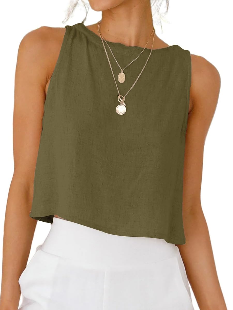 Photo 1 of [MINOR DAMAGE] IDEALSANXUN Linen Tank Top for Women 2026 Spring Summer Beach High Neck Cute Sleeveless Shirts Blouses Crop Cotton Linen Tops, Army, S