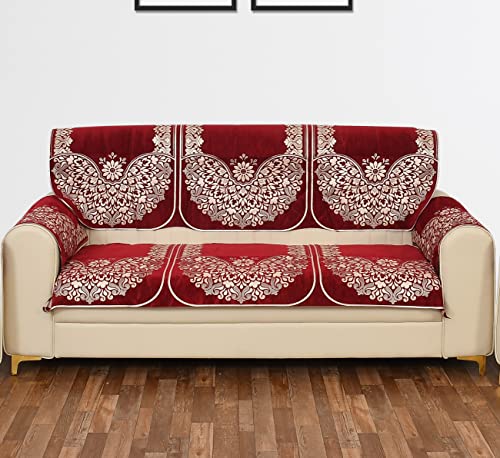 Image of 5 Seater Sofa Cover (3+1+1) with Arm Covers - Premium Stretch Fit, Soft & Durable Couch Protector Soft Fabric Sofa Slipcover (Maroon)
