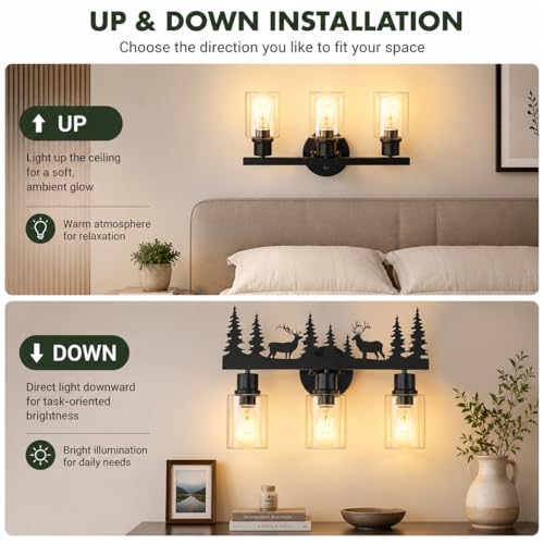 Image of Rustic Bathroom Light Fixtures, 3-Light Farmhouse Vanity Lamp with Deer Design and Clear Glass Shade, Black Wall Lighting for Bathroom, Hallway, Kitchen, Porch