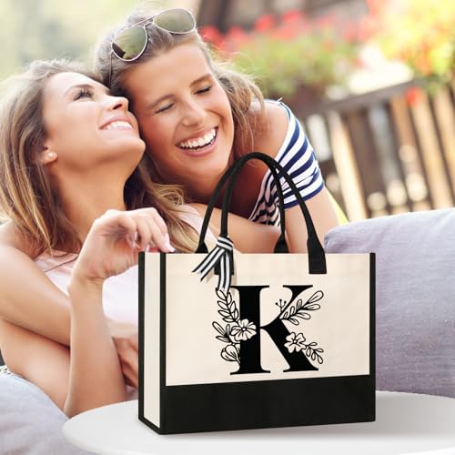 Image of Tecanne Personalized Initial Canvas Tote Bag, Suitable for Birthday, Wedding, Beach, Holiday, Gifts for Women, Mom, Teachers, Nurses, Best Friends, Bridesmaids (K)