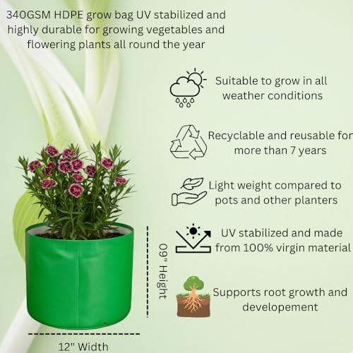 Image of HDPE UV Treated 340 GSM Plant Growing Bags for Terrace Gardening Easy to Use 12 x 09 Inch - Pack of 5