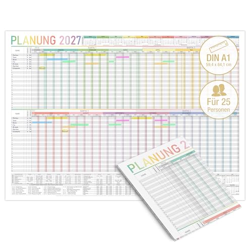TOBJA Urlaubsplaner 2027 A1 Bunt Großer Wandkalender für bis zu 25 Mitarbeiter dickes Papier & Ferienübersicht DE | Personalplaner Wand XXL Urlaubskalender 2027