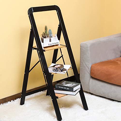 Delxo Aluminum 3 Step Ladder,2020 Upgrade Lightweight Folding Step Stool with Long Handle, Anti-Slip Study Pedal, Classic Wood Look Without Wood Worry Step Ladder, Hold Up to 330LB