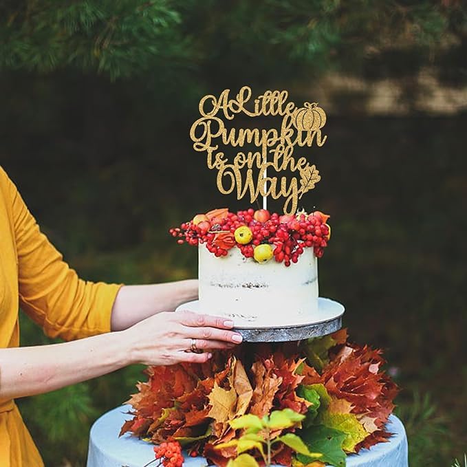 TrifleArte A Little Pumpkin is on the Way Cake Topper | Gold Glitter Cake Topper | Pumpkin Theme Party Cake Decoration | Pumpkin Theme Celebration 4