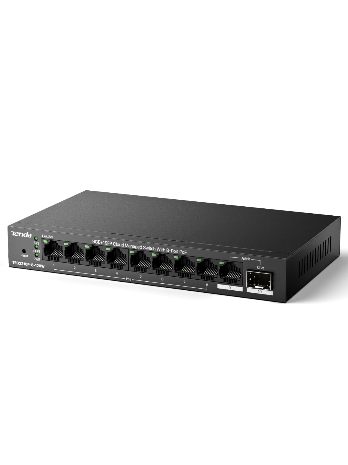 Tenda Switch PoE Gigabit Manageable 8 Ports avec RJ45 Uplink et SFP, 110W