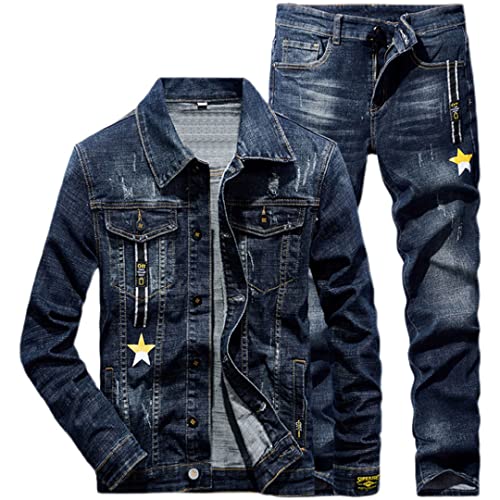 Hcclijo Men's Sets Spring Autumn Letter Star Print Denim Jacket + Pants Slim Couple Jeans Suit Denim Suit Jacket M Jeans 30