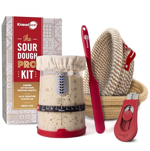 KneadAce Sourdough Starter Kit – 34oz Starter Jar, 2 Round Banneton Proofing Baskets, Magnetic Bread Lame for Scoring – Gift for Bakers & Complete Sourdough Bread Baking Set