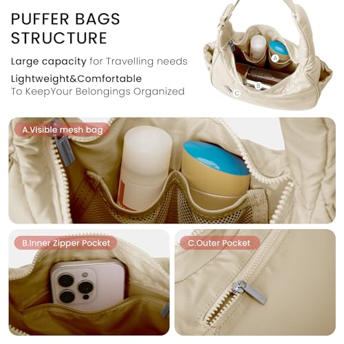 Image of Small Puffer Crescent Shoulder Bag for Women Lightweight Water-Resistant Nylon Purse with Adjustable Strap & Multiple Pockets