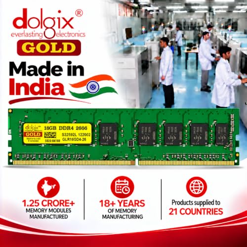 Image of Dolgix Gold 16GB DDR4 Desktop RAM 2666MHz (Memory) U-DIMM | Long-DIMM | CL-19 | 1Rx8 Dual Rank PC4-21333, Warranty -5 Years (Made in India)