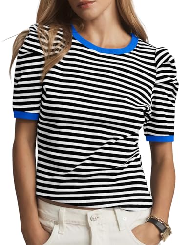 Tankaneo Womens Short Puff Sleeve Tops Trendy Striped Color Block T Shirts Crewneck Casual Shirts3