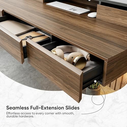 Image of ErGear Electric Standing Desk with 5 Solid Wood Drawers, 48 x 26 Inches Whole Piece Desktop, with Desktop Riser Stand, Compatible with C-Clamp Monitor Arms, Modern Office Desk, Dark Walnut