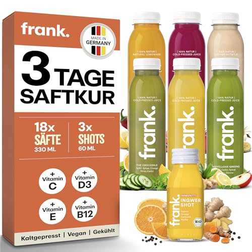 Frank Juice Saftkur 3 Tage | 18 x 330ml Säfte + 3 x 60ml Bio Ingwer shot | Direktsaft kaltgepresst Vegan | ideale Fastenkur aus frischem Obst & Gemüse | Premium Qualität (inkl. 4,50€ Einweg Pfand)