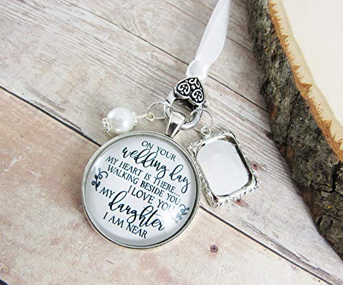 Bouquet Charm On Your Wedding Day Remembrance Of Mom Dad For Daughter White Silvertone Bridal Memorial Custom Photo Frame