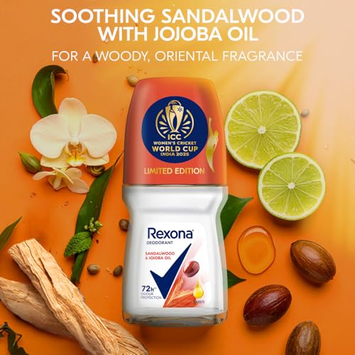Image of Rexona Lotus Flower & Shea Butter and Sandalwood & Jojoba Oil Antiperspirant Roll-On | for Women | Limited Edition Pack - ICC Women's Cricket World Cup India 2025 |50 ML (Pack of 2)