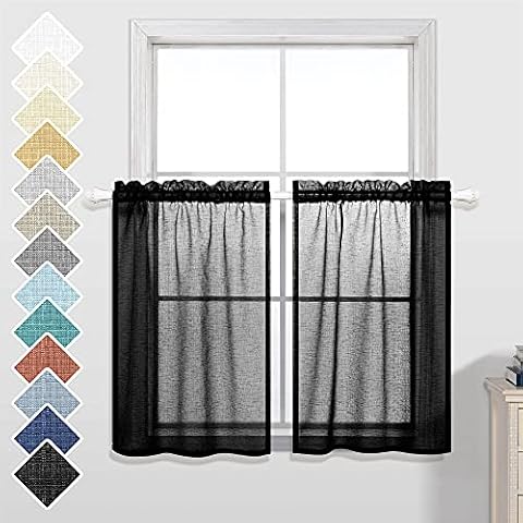 KOUFALL Half Curtains 36 Inch Length for Windows Sheer Cafe Curtain Rod Pocket Tier Semi Sheer Linen Textured Non See Through Short Light Filtering Curtains for Bathroom Small Windows Black Cover