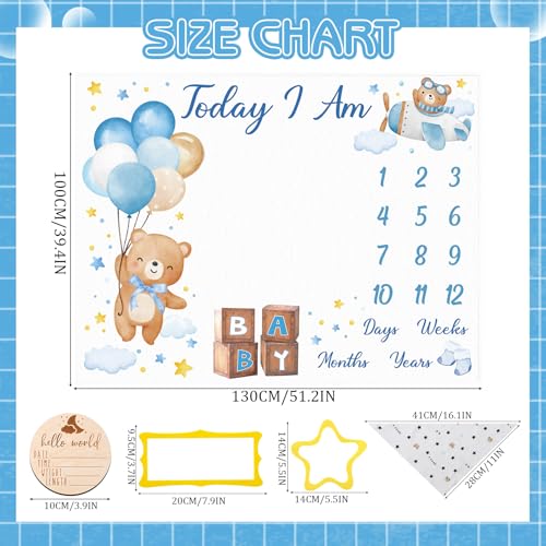 Image of Bear Baby Monthly Milestone Blanket Bear Star Balloon Flannel Blanket Newborn Infant Swaddle Baby Growth Blanket Photography Background with Wooden Signs,Frames,Bibs
