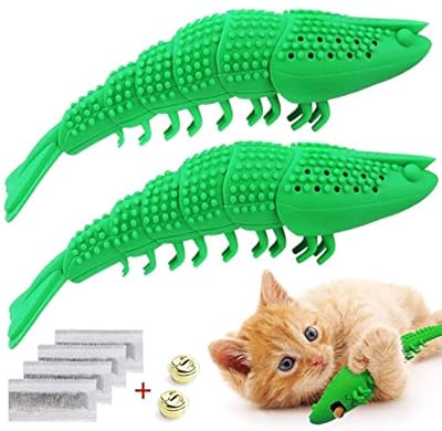 ProLeo Catnip Fish Cat Toy, Toothbrush Catnip Toy Cat Teeth Cleaning Chew Toy, Shrimp Shape, Silicone, 2 Pieces