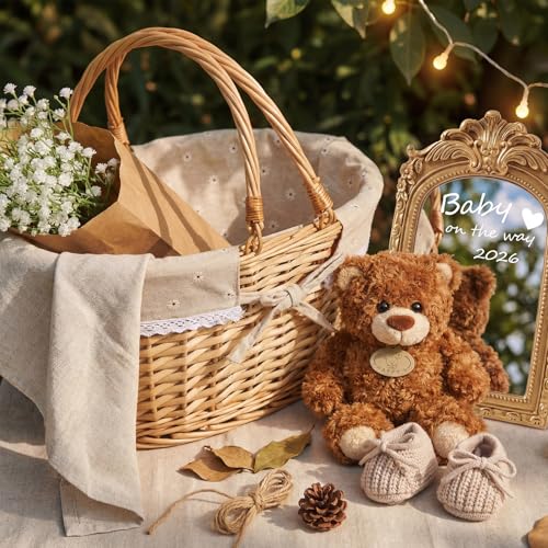 Rtteri 16 Pcs Pregnancy Announcement Set Baby Announcement Ideas Mirror Bear Newborn Shoes Baby Breath Flowers Basket Maternity Photoshoot Props for Pregnancy Reveal Spring Picnic Beach