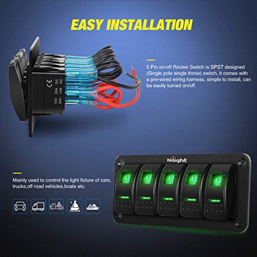 Nilight 5 Gang Rocker Switch Panel 5Pin On Off Toggle Switch Aluminum Holder 12V 24V Dash Pre-Wired Green Backlit Switches For Automotive Cars Marine Boats Rvs Truck, 2 Years Warranty #TOP2