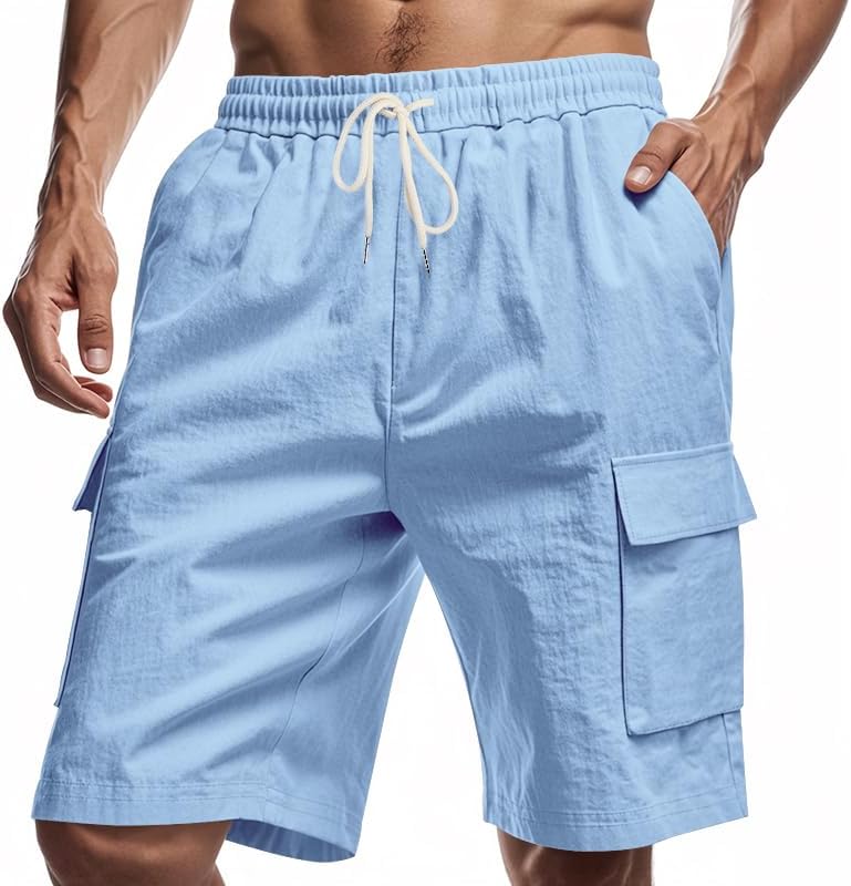 Mens Linen Shorts Casual Summer Beach Shorts Elastic Waist Drawstring Cargo Pants with Multiple Pockets
