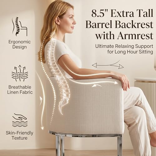 Image of HNY Modern Counter Height Linen Cream Fabric Upholstered Counter Stools Set of 3, 24 Inch Kitchen Island Stool with Chrome Finish Metal Frame