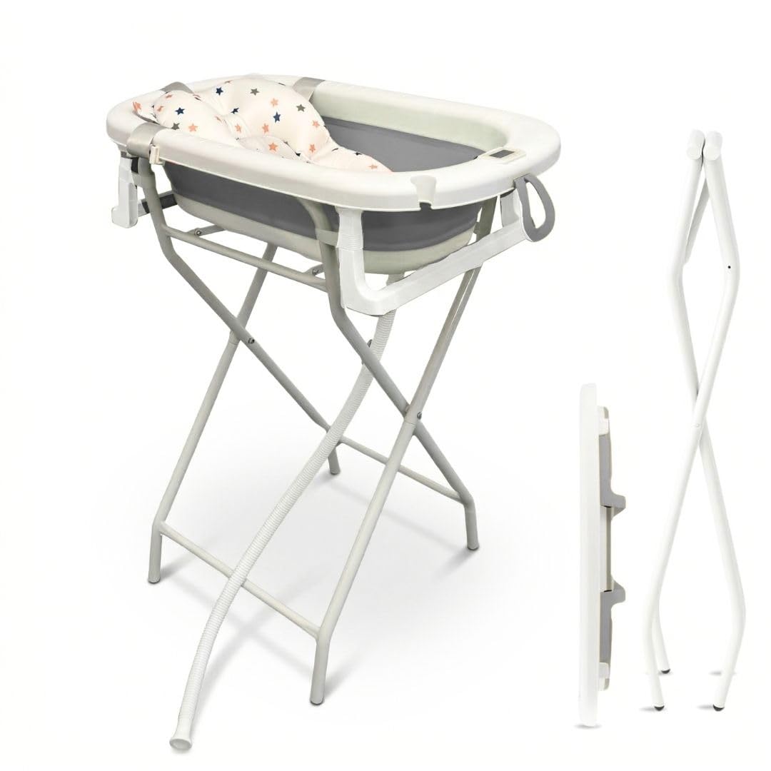 BATHBY Bañera de Bebé con Cojín Reductor, Termómetro y Soporte Plegable — Pack Completo