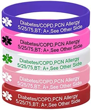 MZZJ 5 Pack-Personalized Medical Alert ID Jewelry Food Drug Allergy Bracelet,12MM Width 100% Silicone Rubber ID Outdoor Sport Bracelet Band,Emergency Contact Bracelet,Diabetes Bracelet,Style 4