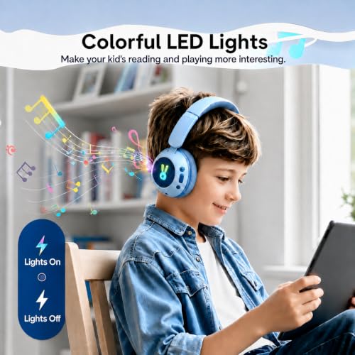 MuGo Kids Bluetooth Headphones with Colorful LED Bunny Lights, Foldable Over Ear Headphones Built-in Mic, 85dB Safe Volume Stereo Headset for Girls Boys Children, Wireless & Wired 2-in-1 Support TF - Image 8