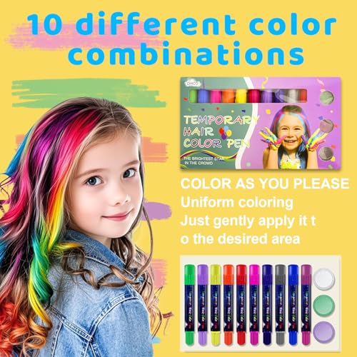 10 Stück Temporäre Haarfärbe-Stifte,Haarkreide für Mädchen Set,10 Farben Haarkreide,Auswaschbar,Ideal für Geburtstage,Halloween,Weihnachten,Temporäre Haarfarbe