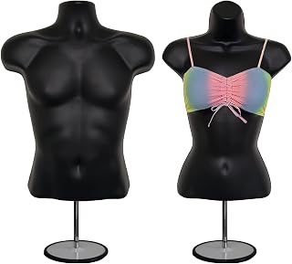 Black Male + Female Mannequin Hollow Back Body Torso Set w/Metal Stand with Metal Pole & Hanging Hook, S-M Sizes