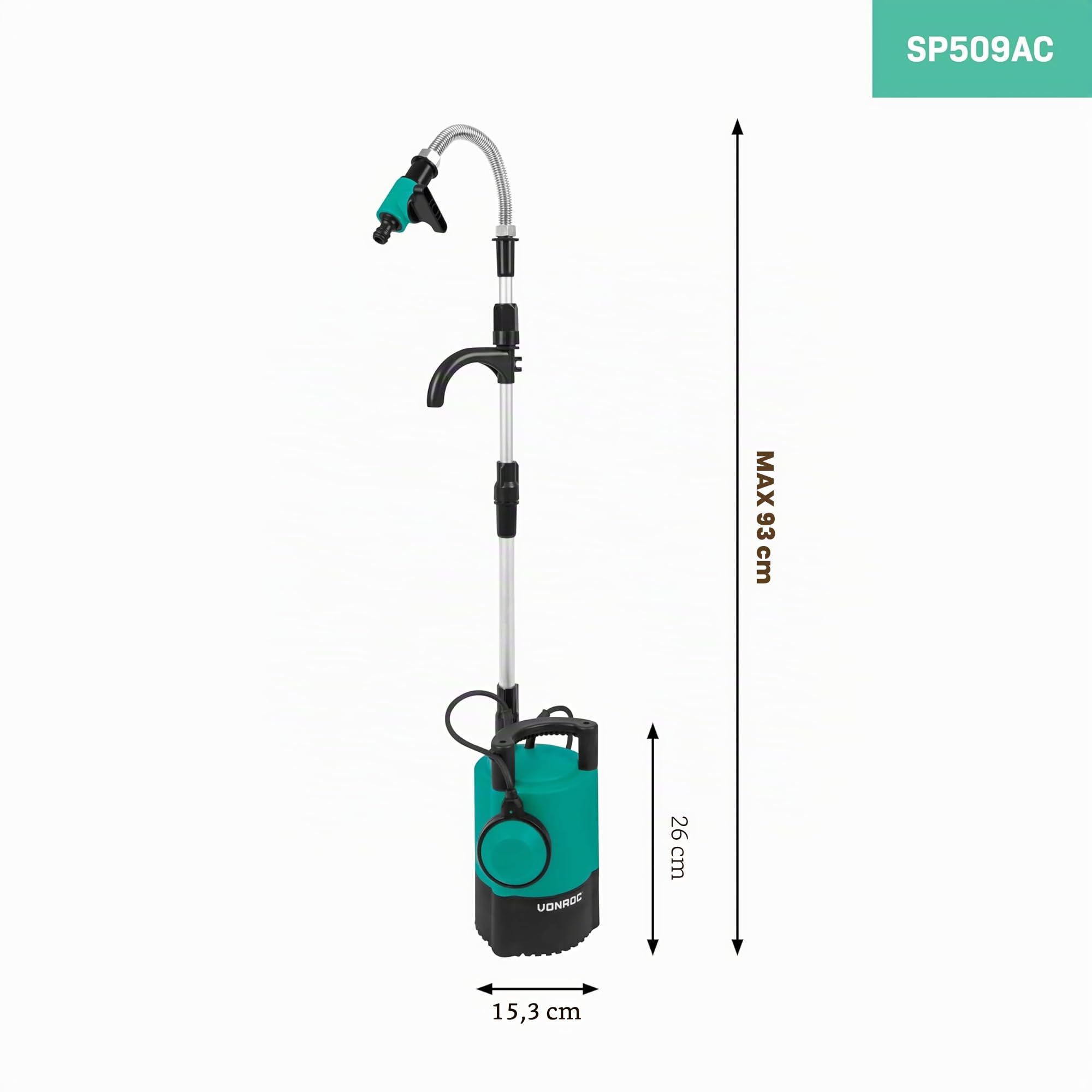 VONROC Regenfasspumpe Elektrisch - Tauchpumpe für Regenwassertonne 23V - 400W - 5200 l/h - Trockenlaufschutz - Universal-Schlauchkupplung