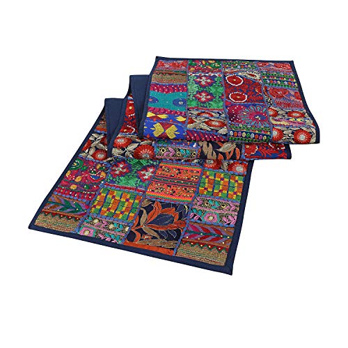 Ayodhya Art Décor Handmade Blue Table Runner Rajasthani Design Embroided Cotton Ethnic Runner Rajasthani Patchwork Table And Home Decor (72X16) 1 Peice #TOP28