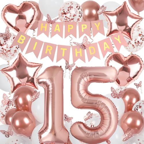 Rose Gold 15th Birthday Decorations for Girl, 15 Year Old Sign with Happy Birthday Banner, 40In Number 15 Foil Birthday Balloons, Butterfly Decorations, Heart and Star Balloons