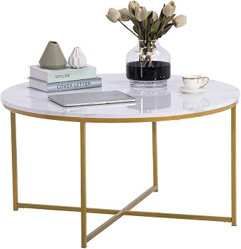 Simple Round Coffee Table, Classy Home X-Shaped Metal Base Faux Marble Table Tea, Home Decor w/Metal Frame