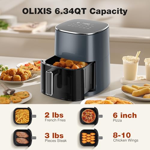 Image of OLIXIS 12-in-1 Air Fryer 6.34 Quarts, Visable Airfryer with Window, 400F, Roast, Reheat, Dehydrate, Bake, Steam, Fries, Custard, Chicken, Wings, Sea Food, Vegetabels, Grey
