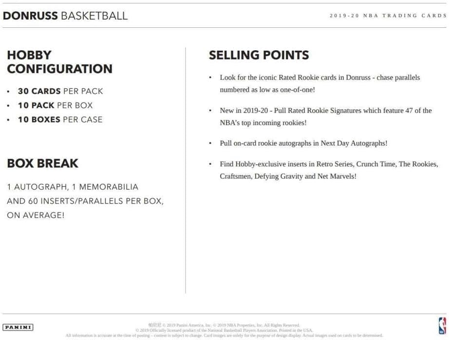 2019-20 Panini Donruss NBA Basketball Factory Sealed Hobby Box. 10 packs of 30 Cards. Each Box contains One Autograph Card, One Memorabilia Card, and 60 Inserts and/or Parallels, on average.