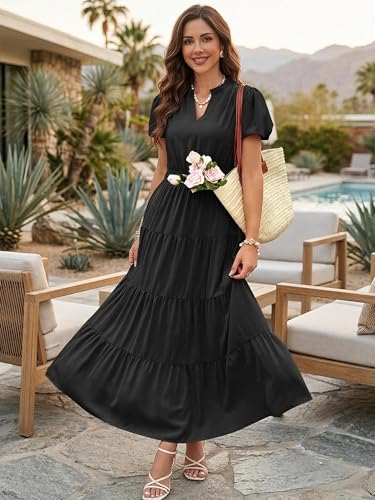 Image of ECOWISH Summer Maxi Dress for Women Casual Flowy V Neck Short Sleeve A Line Empire Waist Tiered Long Dresses with Pockets