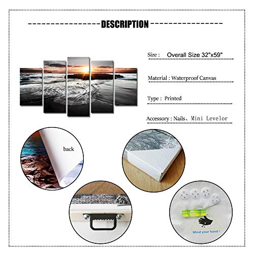 Skenoart 5 Panels Large Sea Sunrise Paintings On Canvas Wall Art Modern Seascape Pictures Black And White Ocean Beach Photos Giclee Prints Artwork For Living Room Home Office Wall Decor #TOP5