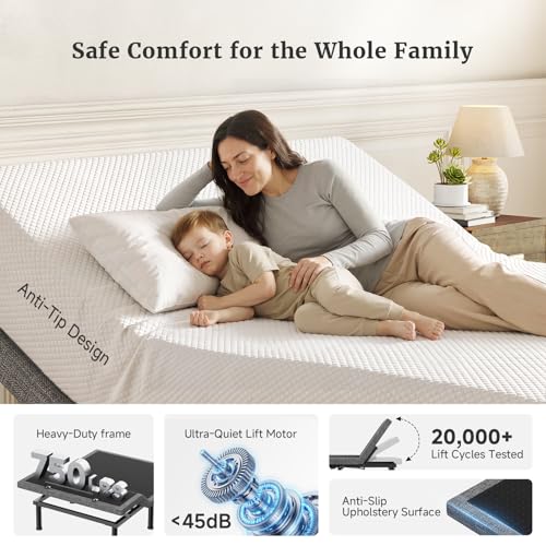 Image of Tami Tami T450 Adjustable Bed Frame Split King Size with Remote & Nightlight - Syncable Electric Beds Bases with Head & Foot Incline, Zero Gravity, 3 height-adjustable legs, Quiet Motor, Easy Assembly