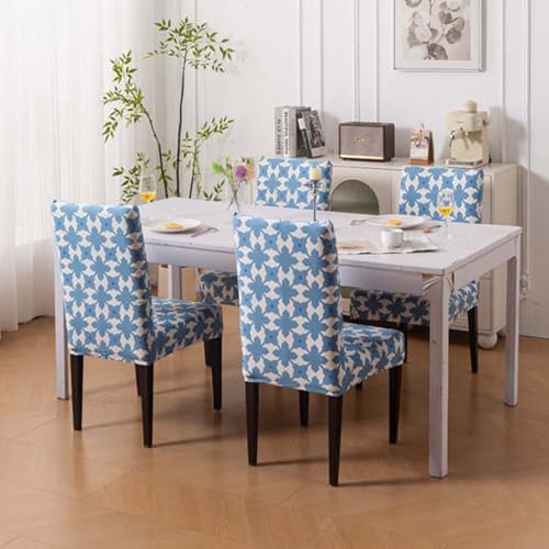 Image of House of Quirk Elastic Chair Cover Stretch Removable Washable Short Dining Chair Cover Protector Seat Slipcover (Pack of 1, Indigo Motif)