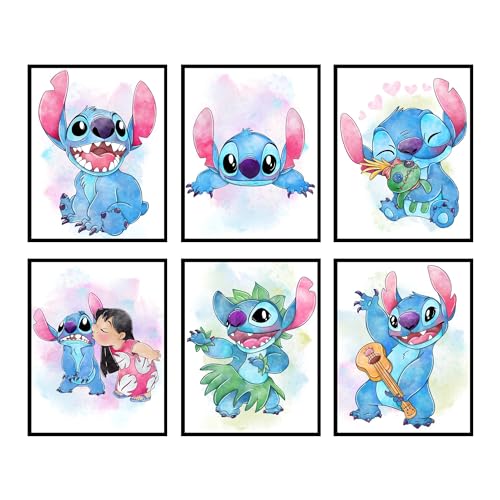Image of BigWig Prints Lilo and Stitch Poster - Stitch Room Decor For Girls, Nursery Watercolor Art Prints, Pastel Nursery Artwork Set, Kids Wall Art, Posters For Girls Room - Unframed Set of 6 (8x10)