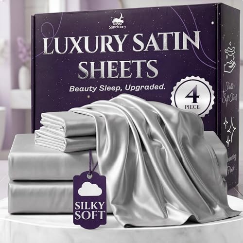 SLEEP SANCTUARY Satin Sheets Queen Size – 4 Piece Luxury Silky Bed Set, Softer Than Silk, 15" Deep Pocket, Cooling & Wrinkle-Free, Moisture-Wicking & Breathable for Hair & Skin (Grey)