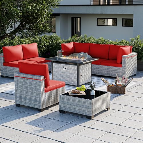 Image of Outdoor PE Wicker Rattan Modular Patio Sectional Sofa Set | 8-Piece: 6 Modular Seats, Coffee Table & 55,000 BTU Fire Pit Table, Red
