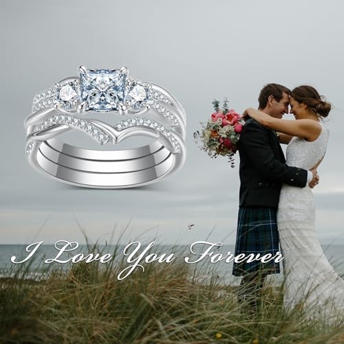 2.75 Carat(ctw) Princess-Cut Moissanite Engagement Rings Sets for Women,925 Sterling Silver 3 Stones Twist Infinity Wedding Rings Sets,Bridal Ring Sets for Anniversary Birthday | 3 Pieces3